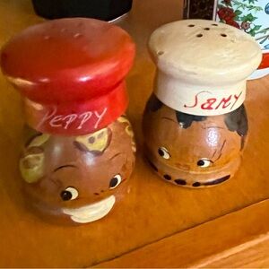 Antique Japanese wooden salt pepper shakers. Hand painted mint Salty Peppy Japan